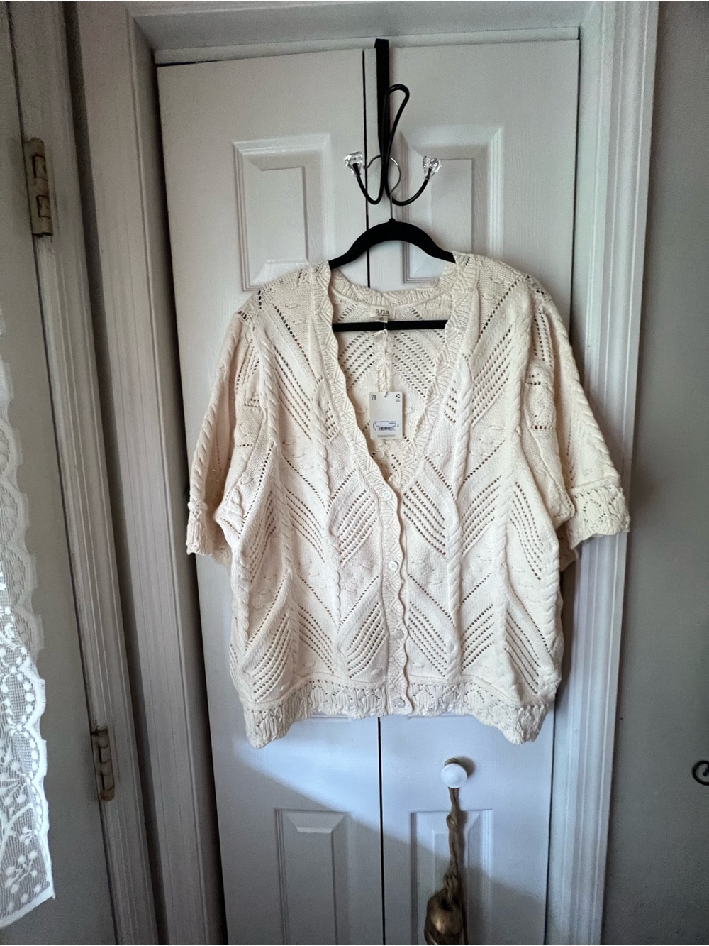 a.n.a Cream Short-Sleeve Open-Knit Cardigan